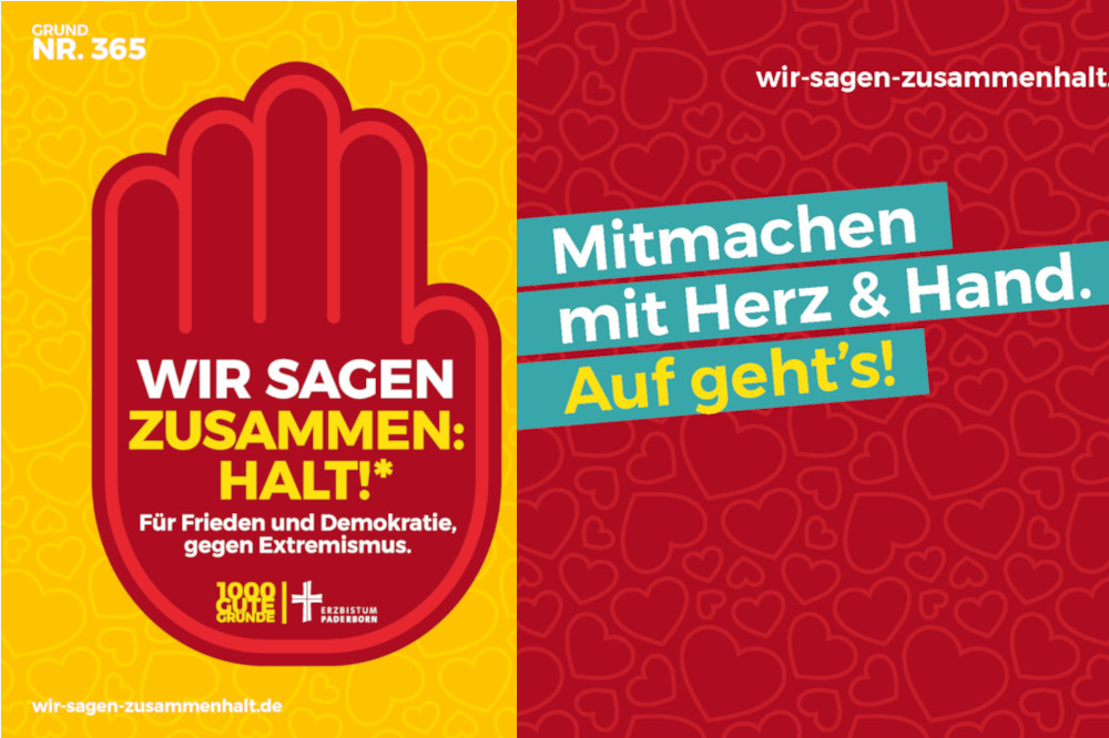 Plakat in einer roten Hand auf gelben Untergrund steht: Wir sagen Zusammen Halt! und zweite Hälfte roter Hindergrund mit weißwer Schrift mitmachen mit Herz & Hand. Auf gehts!