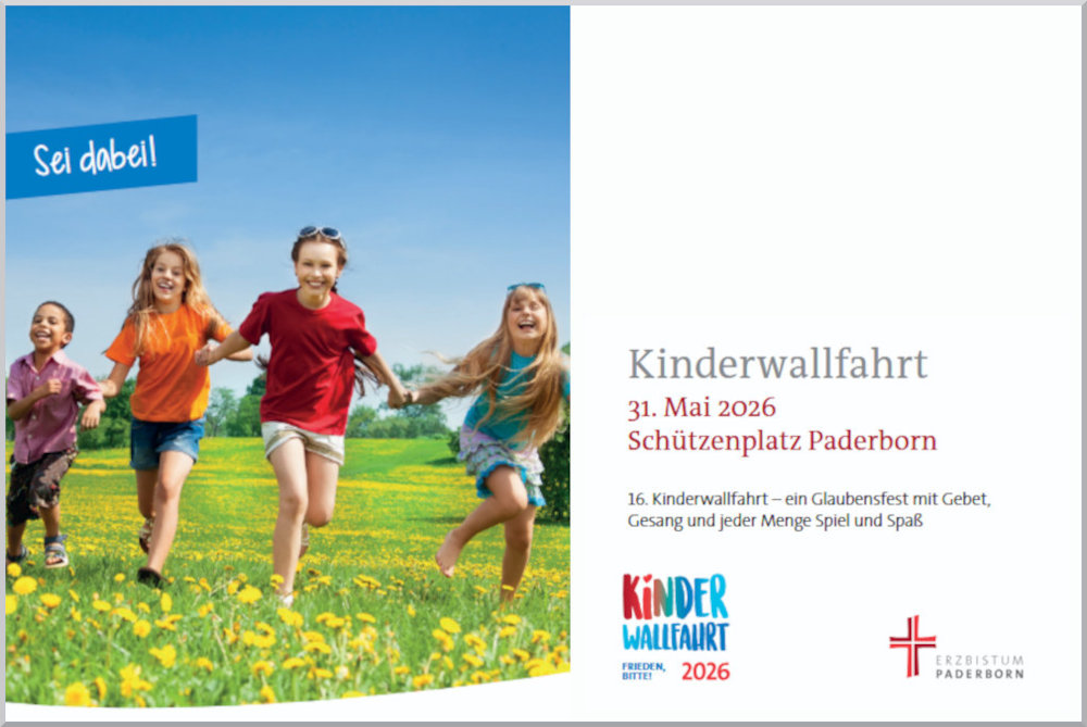 Frohe Kinder laufen Hand in Hand über eine blühende Wiese – Plakat zur 16. Kinderwallfahrt am 31. Mai 2026 auf dem Schützenplatz Paderborn. Ein Glaubensfest mit Gebet, Gesang und Gemeinschaft für Kinder. Veranstaltet vom Erzbistum Paderborn. Motto: ‚Frieden. Bitte!