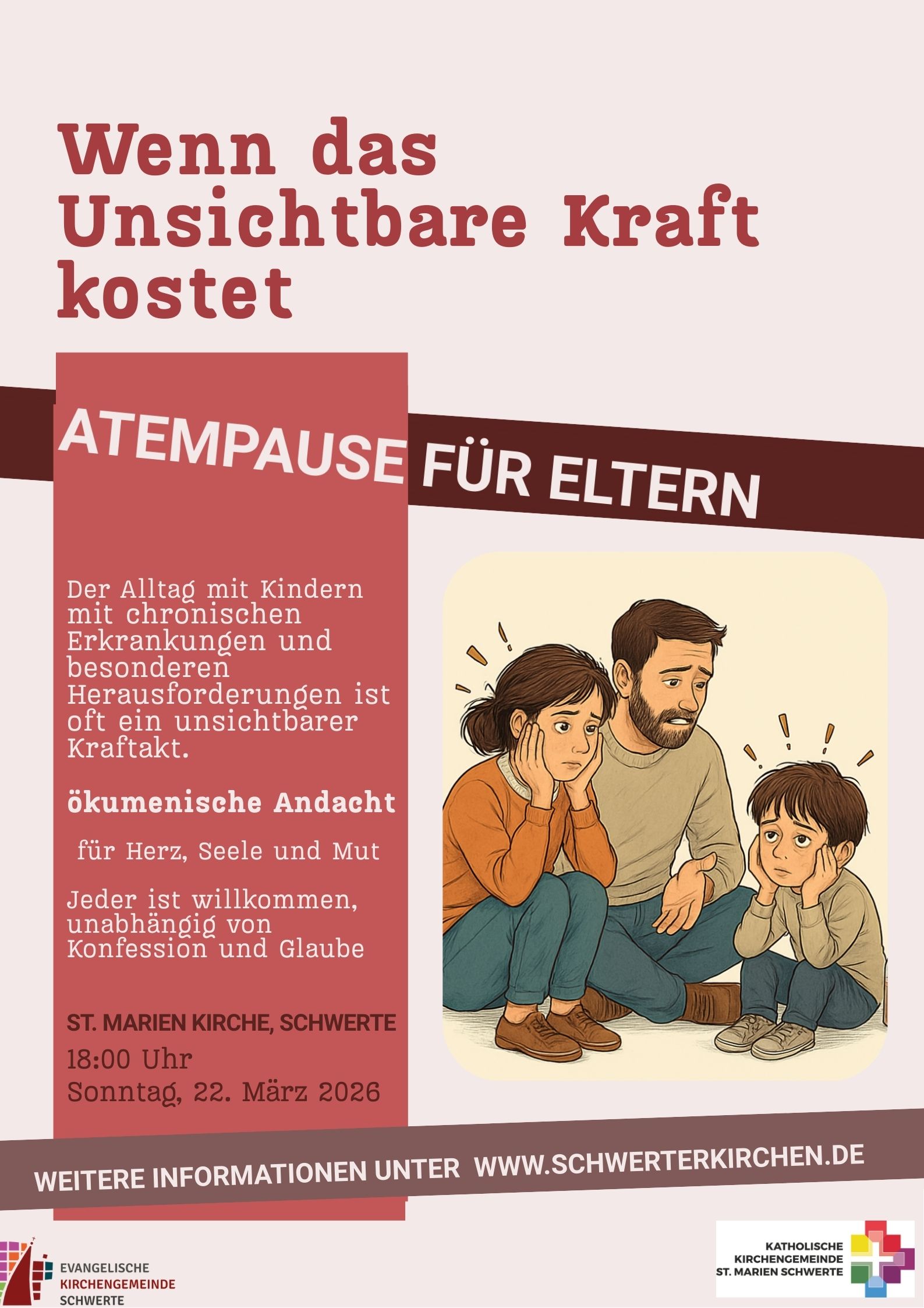 Die Illustration zeigt eine Familie aus drei Personen (Eltern und ein Kind), die auf dem Boden hocken. Alle drei wirken erschöpft und überfordert.