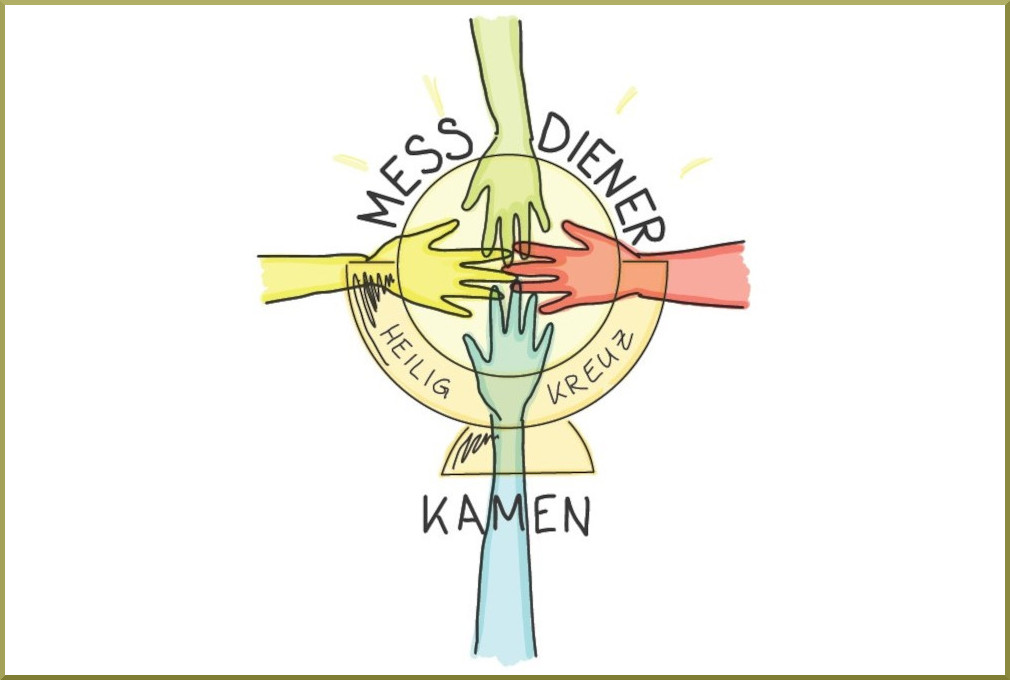 Logo Messdiener der Pfarrei Heilig Kreuz Kamen. Buntes, grafisches Logo: vier stilisierte Hände in Gelb, Grün, Blau und Rot greifen einander in die Bildmitte vor einem gelb schraffierten Kreis. Darunter steht in senkrechter Anordnung ‚Messdiener‘ und ‚Kamen‘